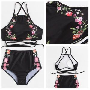 Bathing suit Black Floral High Waist